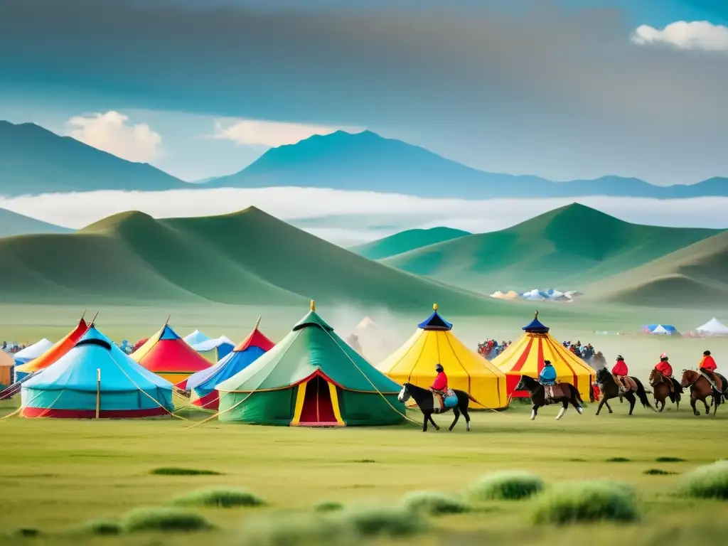 Vibrante festival tradicional en Mongolia, con yurtas y actividades culturales en las praderas