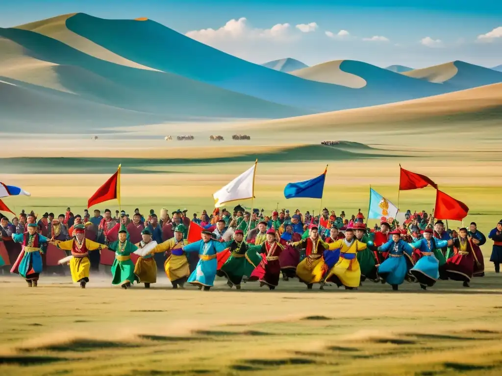 Vibrante festival tradicional mongol con danzas, banderas y la belleza del paisaje