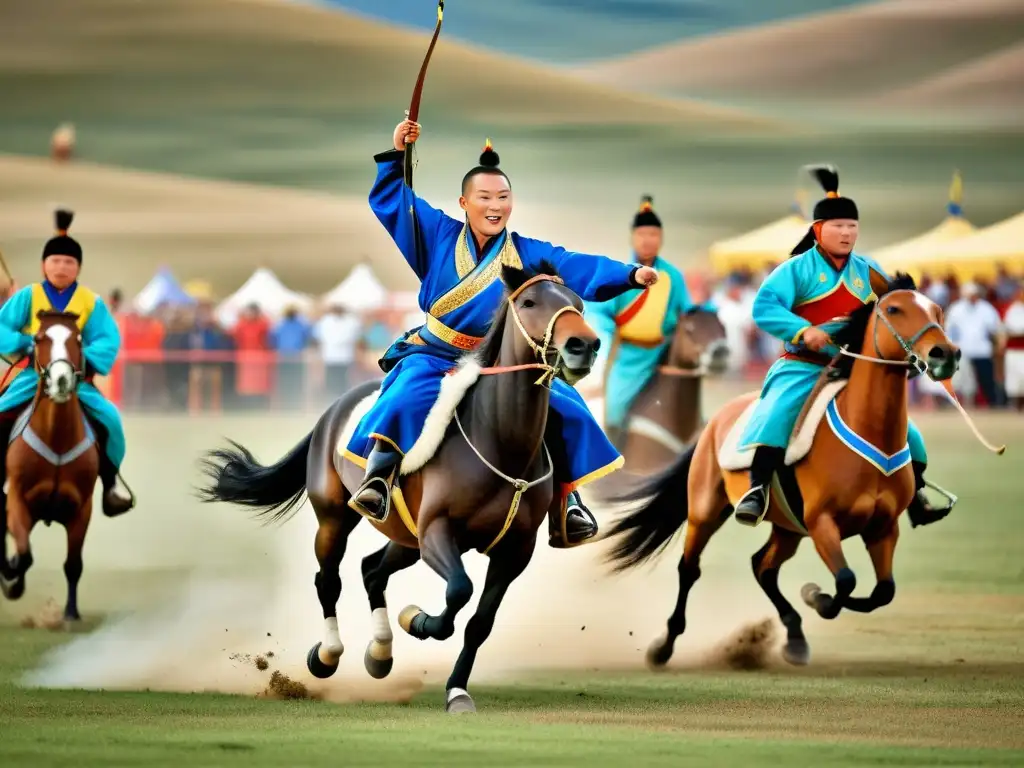 Vibrante festival tradicional del Imperio Mongol: coloridos trajes, competiciones de arquería, luchas y carreras de caballos en la extensa estepa