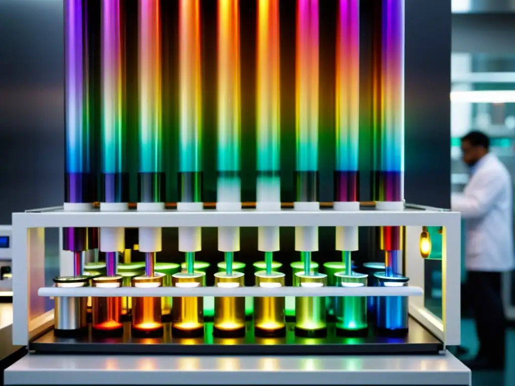Vibrante cromatografía de gases en laboratorio con científicos en acción