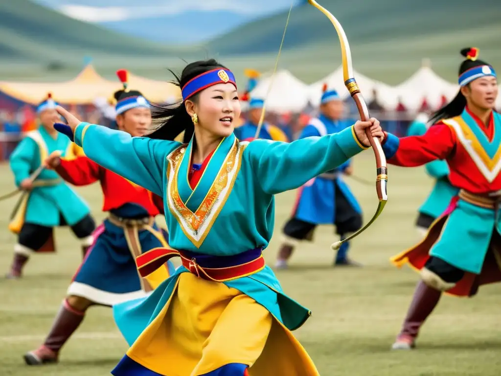 Vibrante imagen del Festival Naadam en Mongolia, con coloridos trajes, energía de danzas, competencias de arquería y lucha