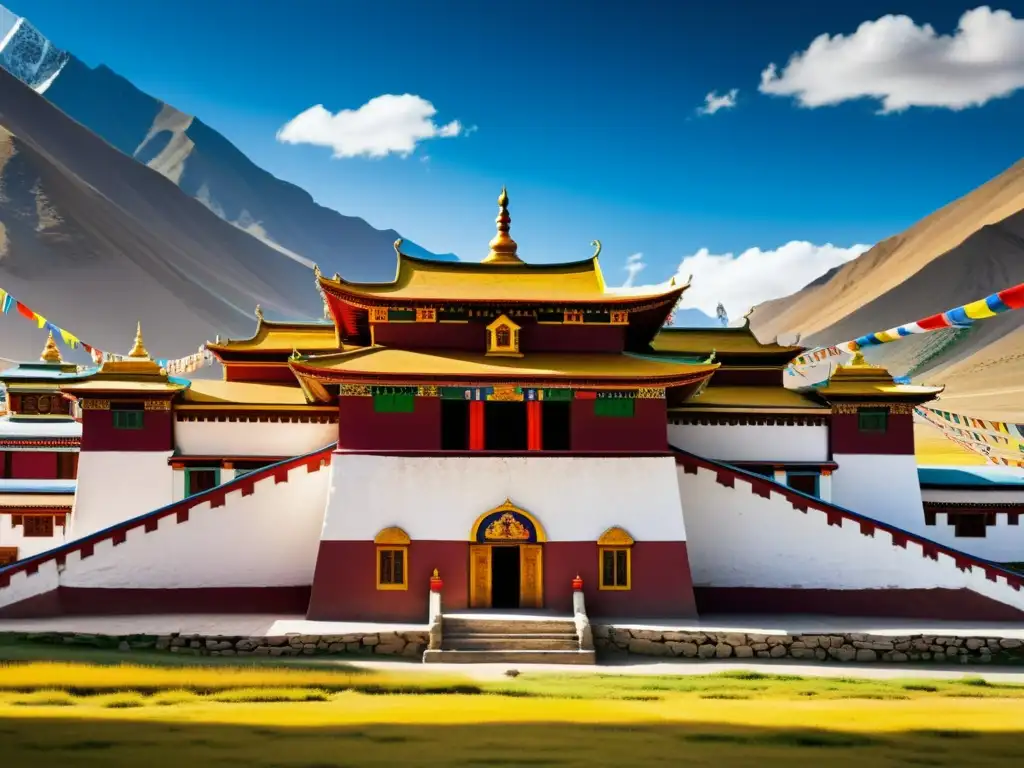 Vibrante imagen de la Administración del Tíbet bajo el Imperio Mongol, con majestuoso paisaje Himalaya, edificio y banderas de oración coloridas