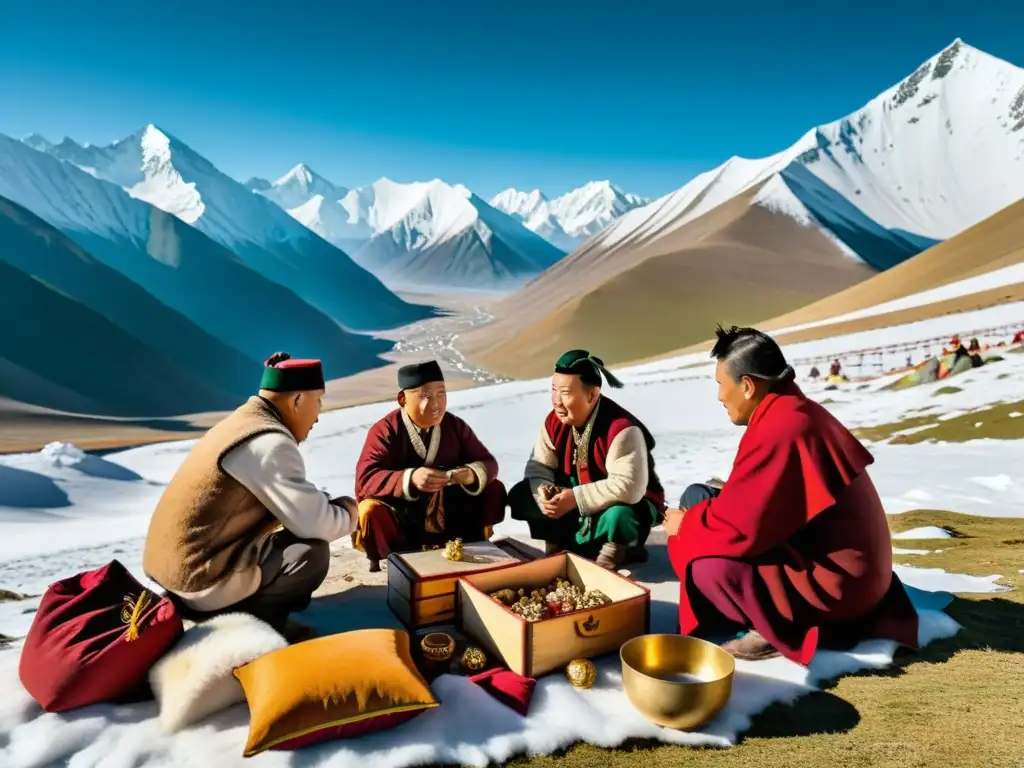 Intercambio cultural en la montaña: Mongol y tibetano Vibrante intercambio cultural entre Imperio Mongol y Tíbet en un paso montañoso, con picos nevados y banderas de oración ondeando