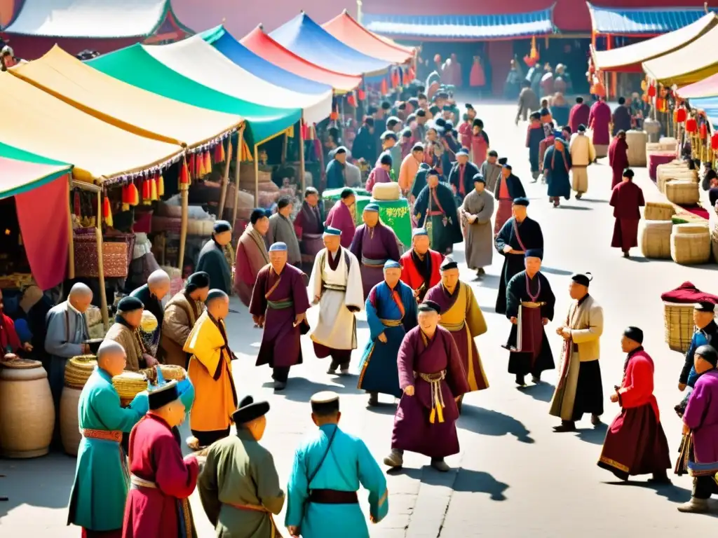 Vibrante intercambio lingüístico e cultural en el mercado del Imperio Mongol, con mercaderes tibetanos y diversas culturas