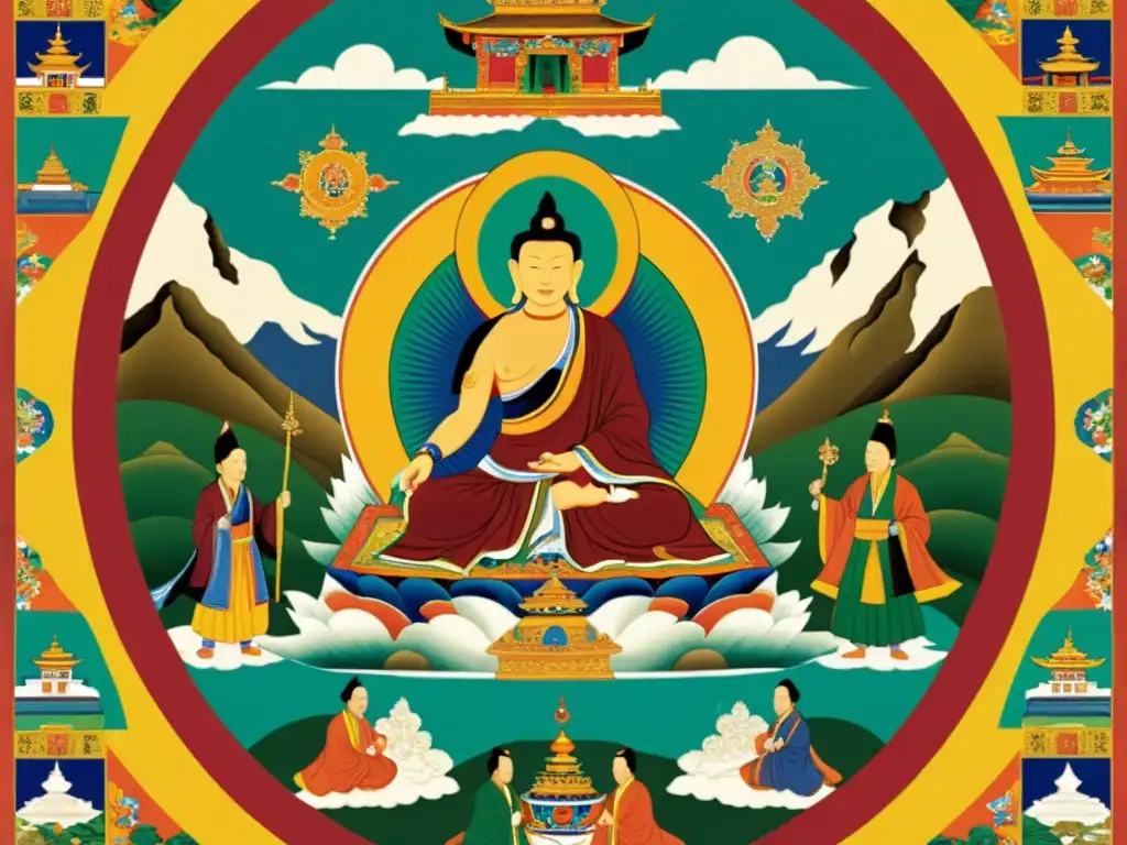 Thangka vibrante ilustrando intercambios culturales bajo el yugo entre Tibet y Mongolia