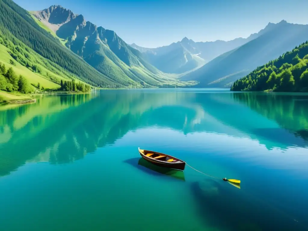 Vibrante lago Khövsgöl: Perla Azul Mongolia, con aguas azules y montañas reflejadas, creando una escena de verano mágica y tranquila