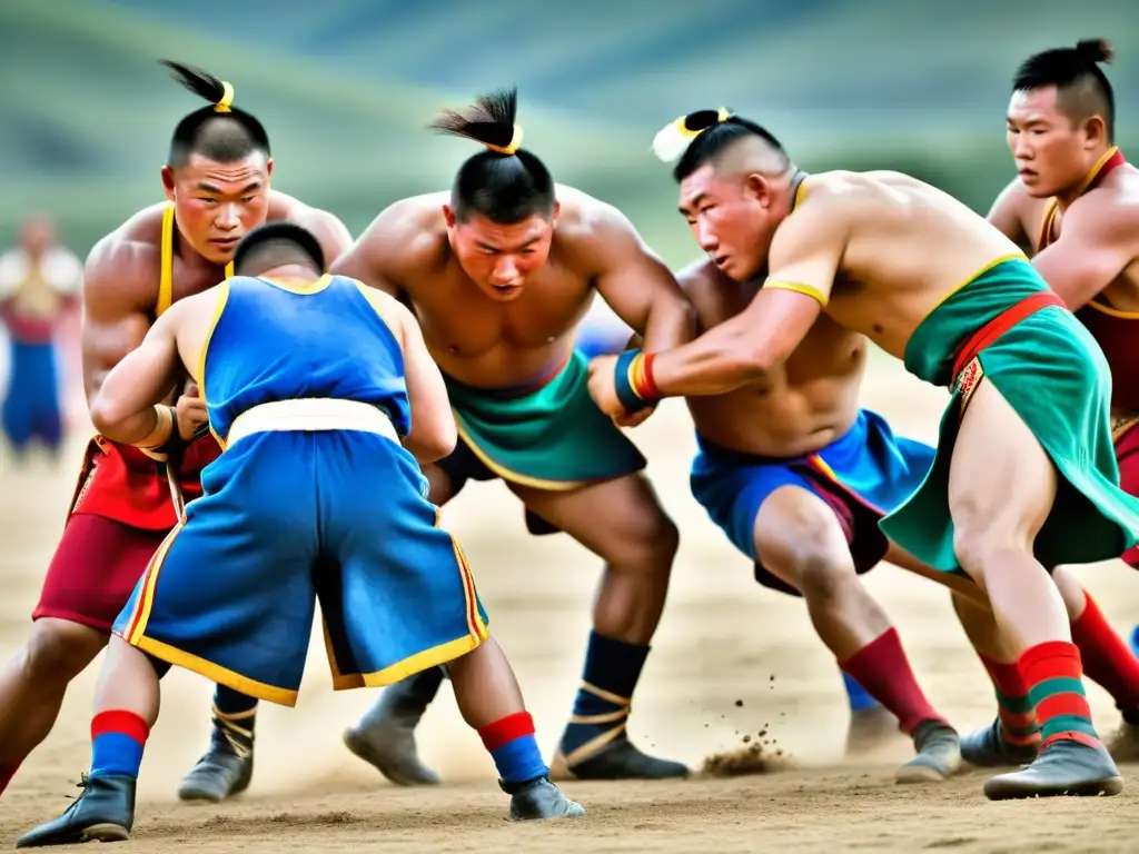 Vibrante lucha de luchadores mongoles en el festival Naadam, mostrando la tradición y la fuerza de los festivales tradicionales del Imperio Mongol