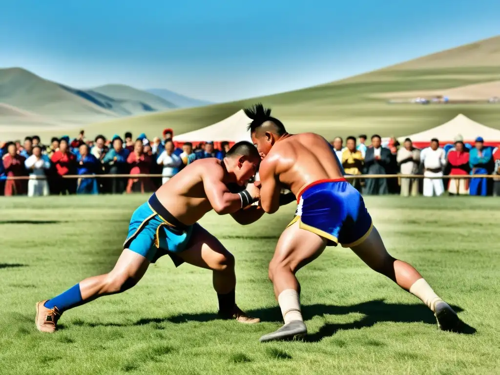 Vibrante lucha de luchadores tradicionales mongolos en un campo, rodeados de espectadores y paisaje pintoresco