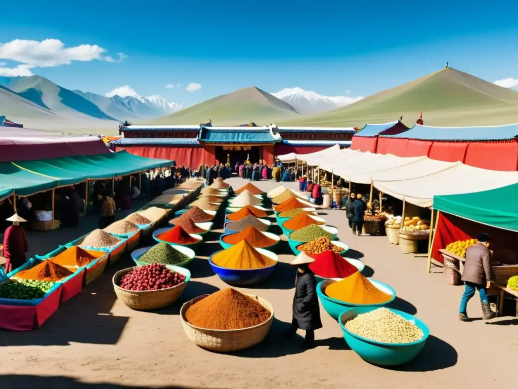 Vibrante mercado al aire libre en Mongolia con influencia gastronomía mongola en Asia: colores, sabores y cultura en pleno ajetreo