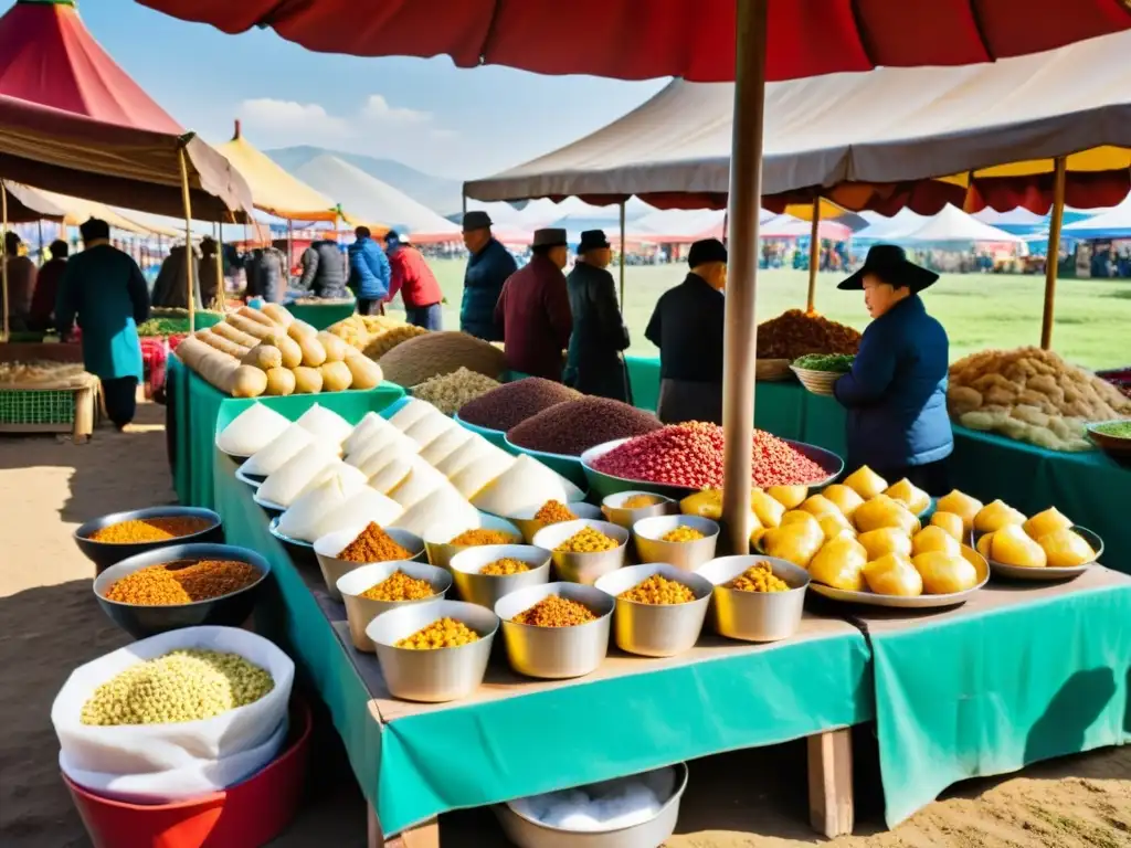 Un vibrante mercado al aire libre en Mongolia, con sabores mongoles en gastronomía oriental