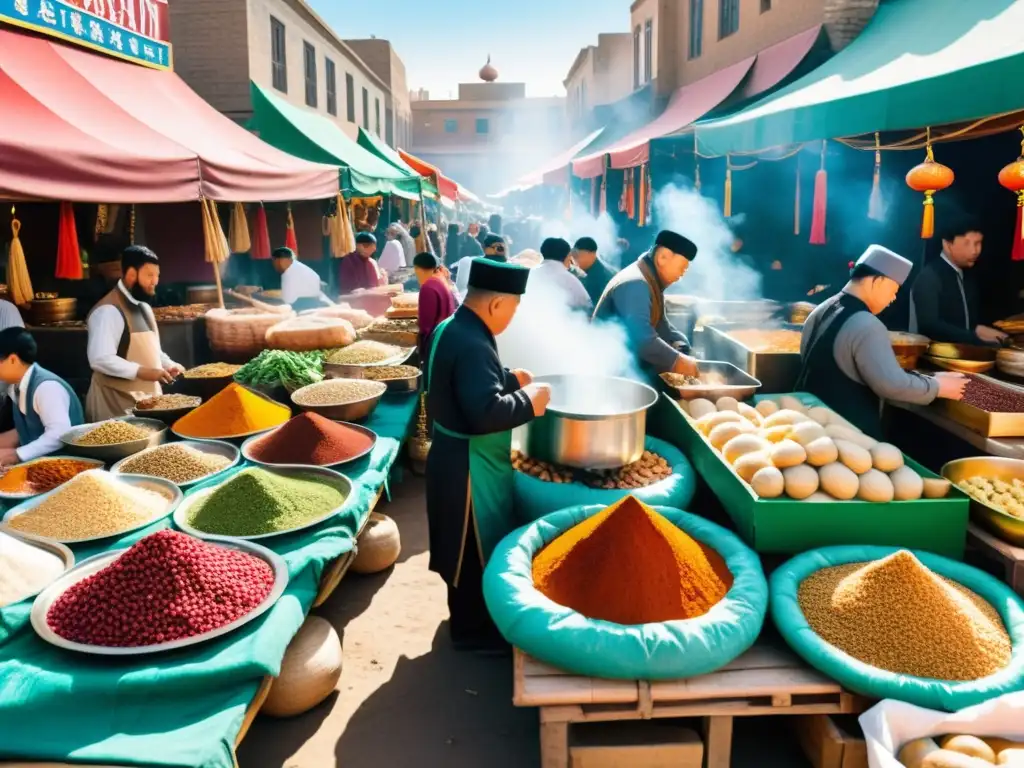 Vibrante mercado al aire libre en Medio Oriente con sabores mongoles en gastronomía oriental