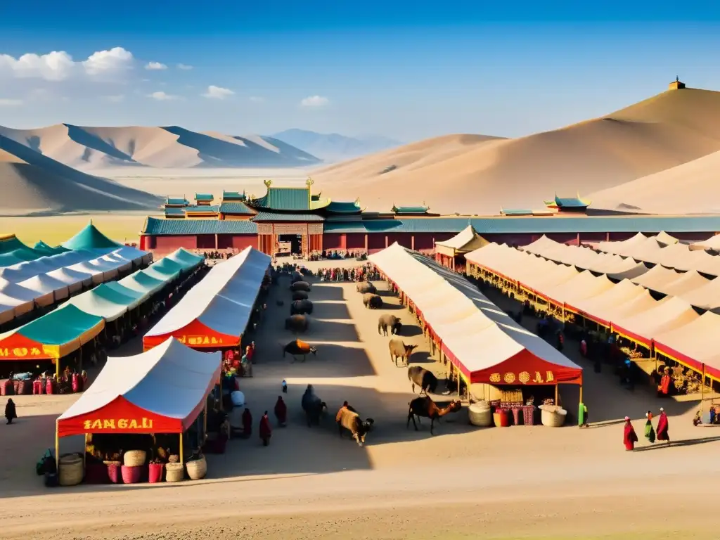 Vibrante mercado en la antigua Mongolia, muestra el impacto del comercio en las redes de la cultura mongol