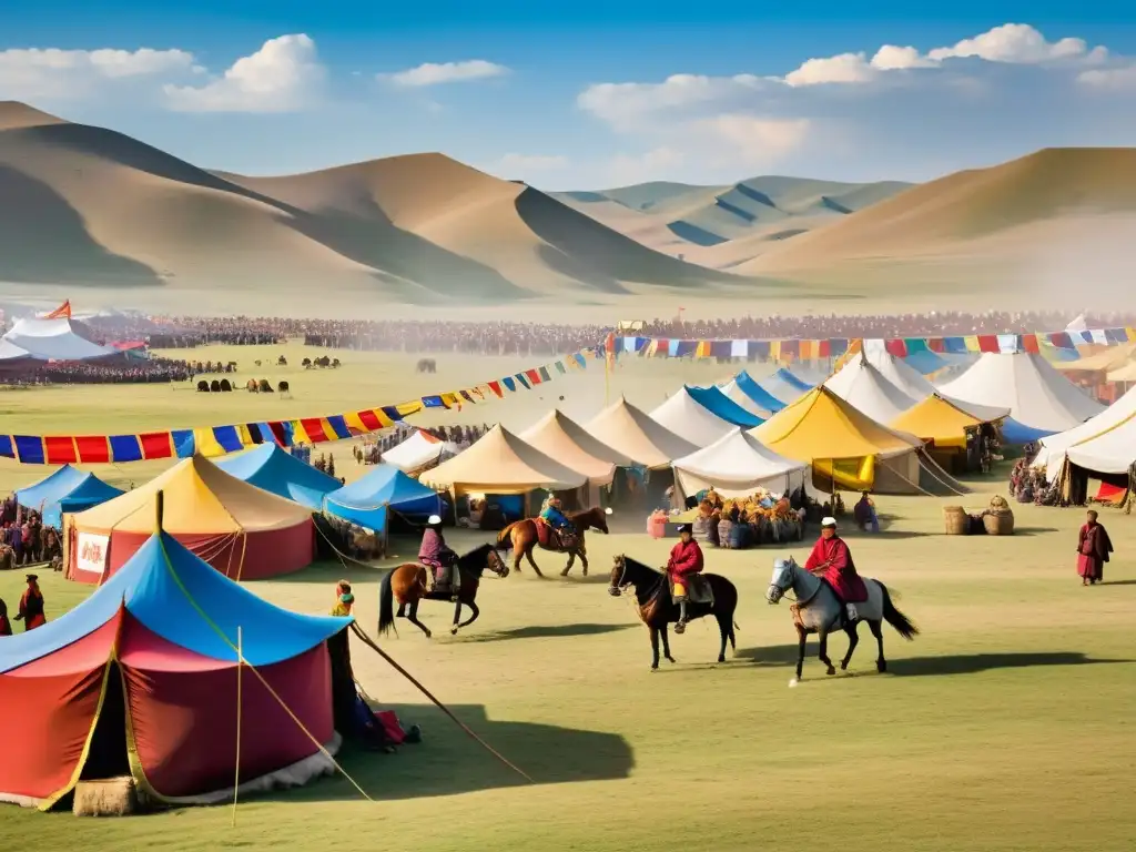 Vibrante mercado en el antiguo Imperio Mongol, con comerciantes y coloridas tiendas bajo la atenta mirada del líder mongol a caballo