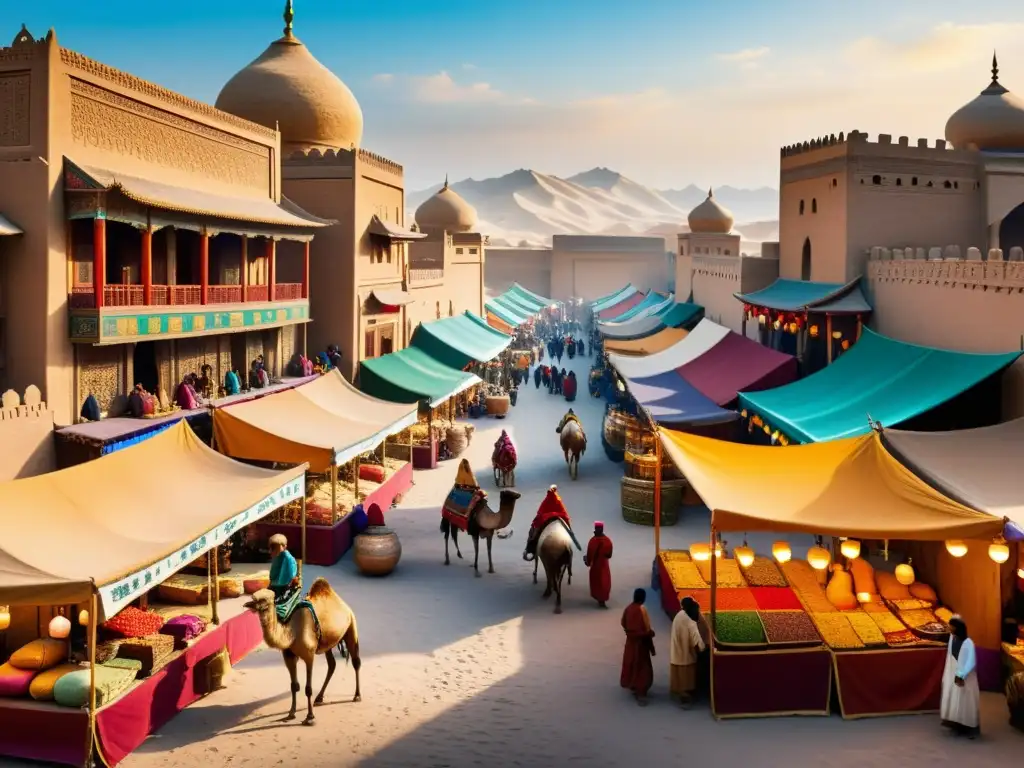 Un vibrante mercado antiguo a lo largo de la Ruta de la Seda, con comercio mongol en la Ruta y una atmósfera de intercambio cultural y comercial