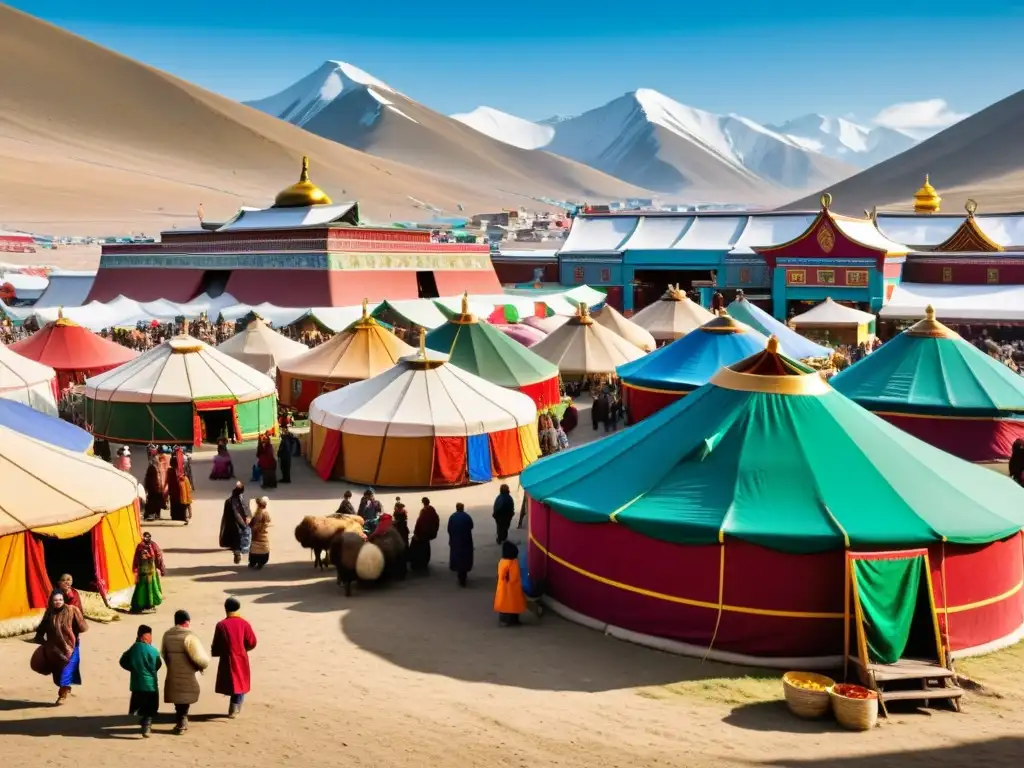 Vibrante mercado en una bulliciosa ciudad de Mongolia, con intercambios culturales en Asia mongola entre diversas etnias y artículos coloridos