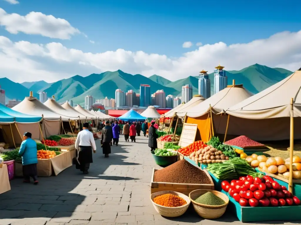 Vibrante mercado callejero mongol con influencias externas en cocina mongola, coloridos productos frescos y aroma a carne a la parrilla