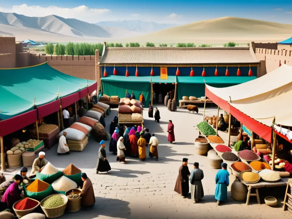 Vibrante mercado en la ciudad mongol del siglo XIII, reflejando la conversión al Islam en Mongol con una mezcla cultural única