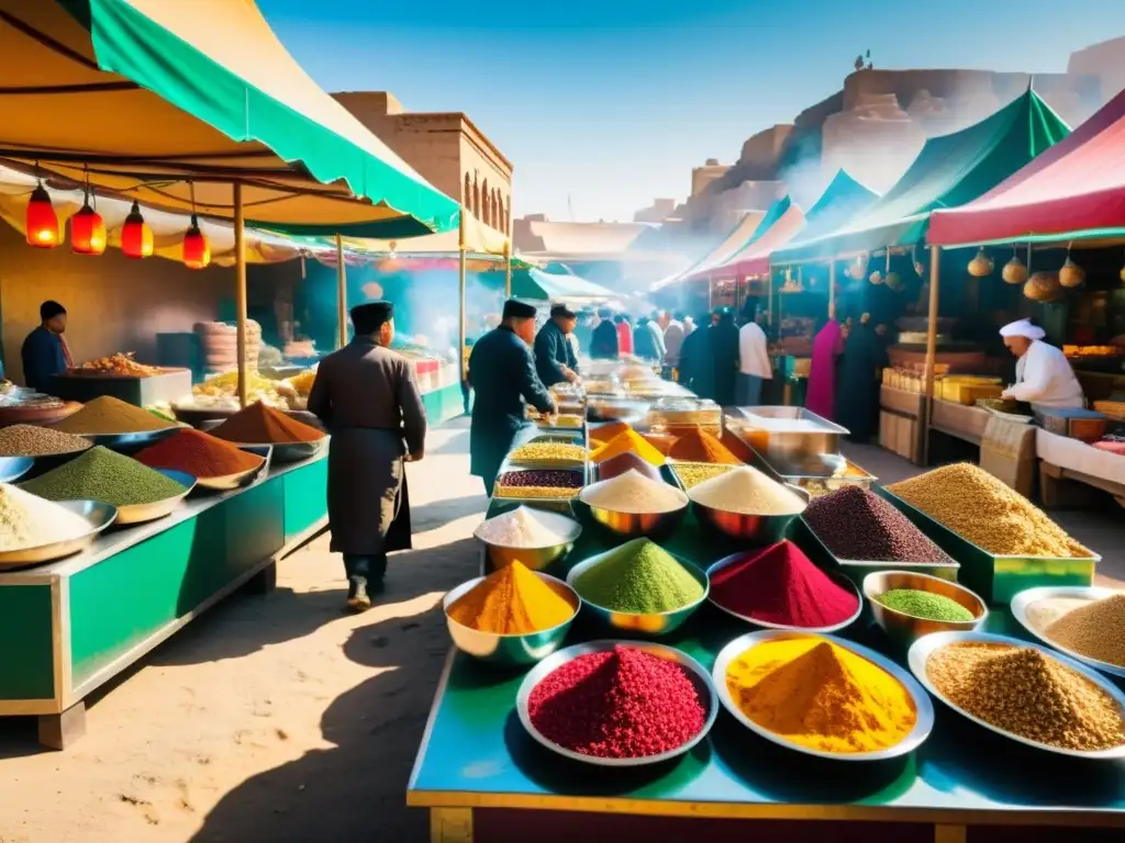 Un vibrante mercado de comida al aire libre en Medio Oriente, con sabores mongoles en gastronomía oriental y una atmósfera de fusión cultural