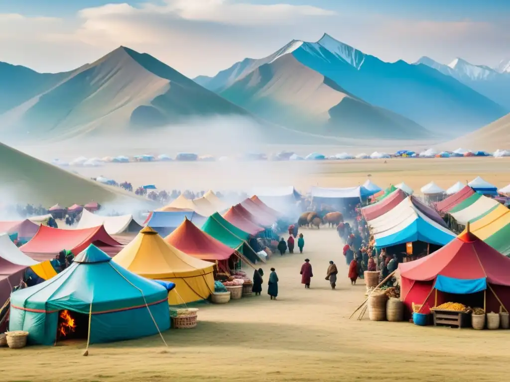 Vibrante mercado del Imperio Mongol, con especias, carnes y paisaje montañoso