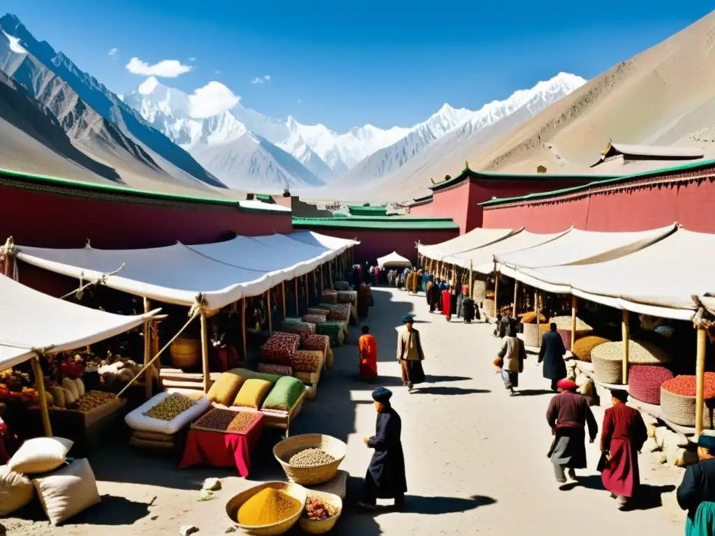 Mercado bullicioso en Karakorum: vibrante escena del Imperio Mongol Vibrante mercado del Imperio Mongol en ruinas Karakorum, con colores, comerciantes y energía bulliciosa