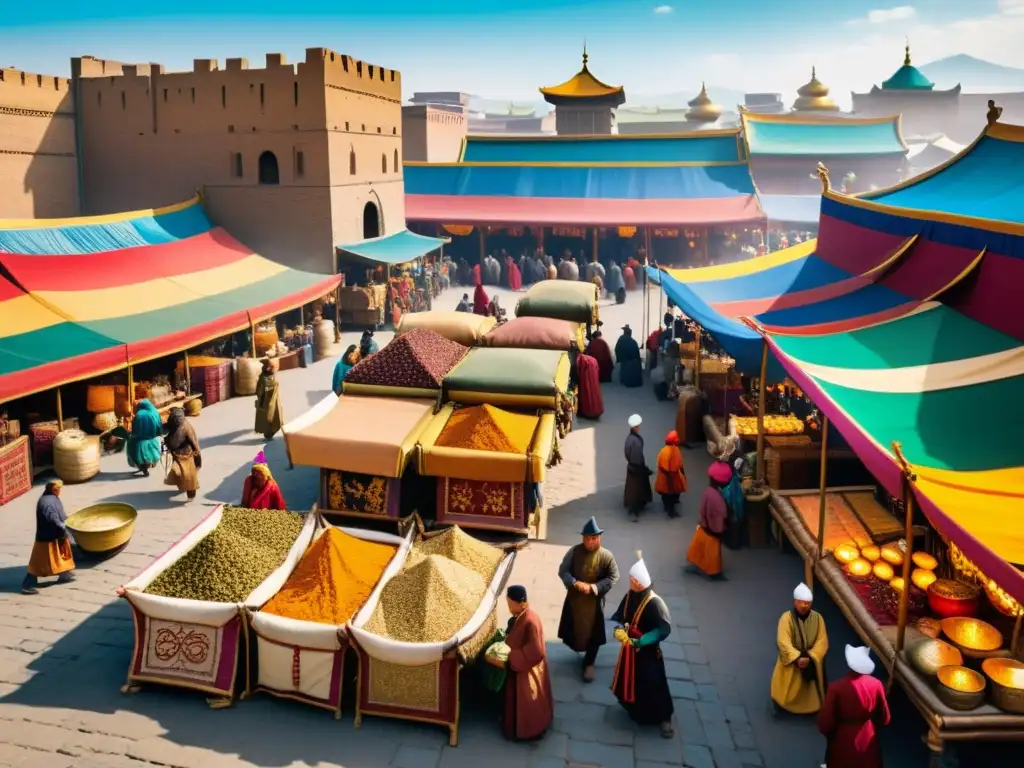 Vibrante mercado medieval con comercio diverso bajo leyes mongolas, impactando la economía global