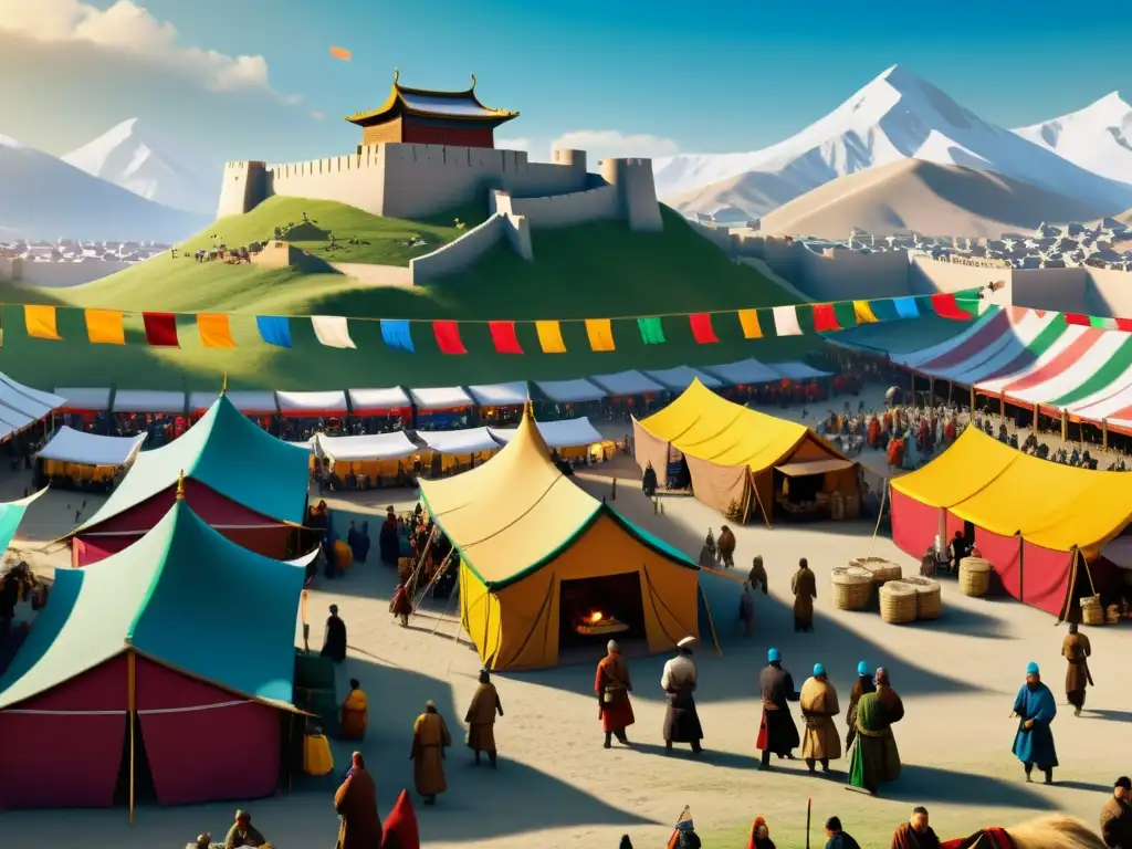 Vibrante mercado medieval del Imperio Mongol, con comercio global y coloridas tiendas