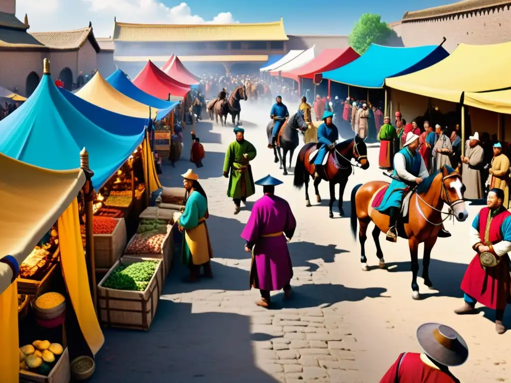 Vibrante mercado medieval con influencia lingüística del comercio mongol