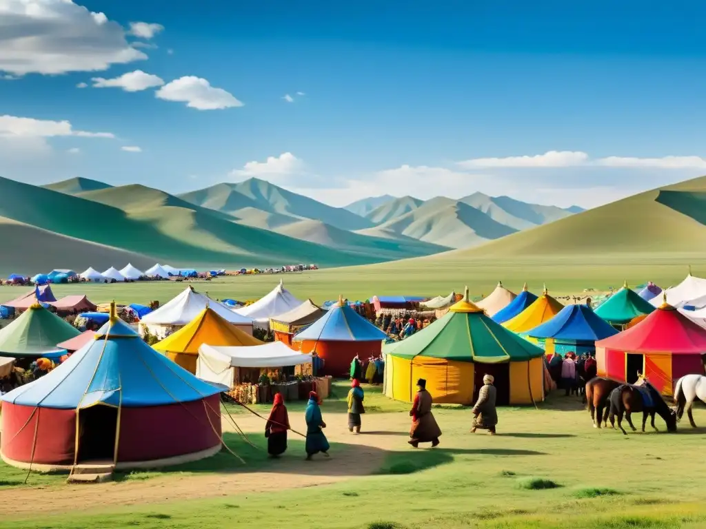 Vibrante mercado mongol con arte del regateo en Mongolia, tejidos coloridos y energía del mercado