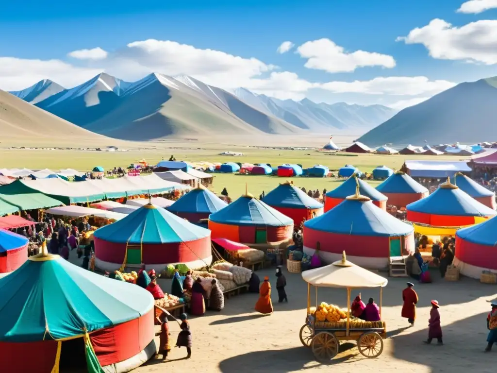 Vibrante mercado mongol con artesanías, textiles y regateo, capturando el arte del regateo en Mongolia