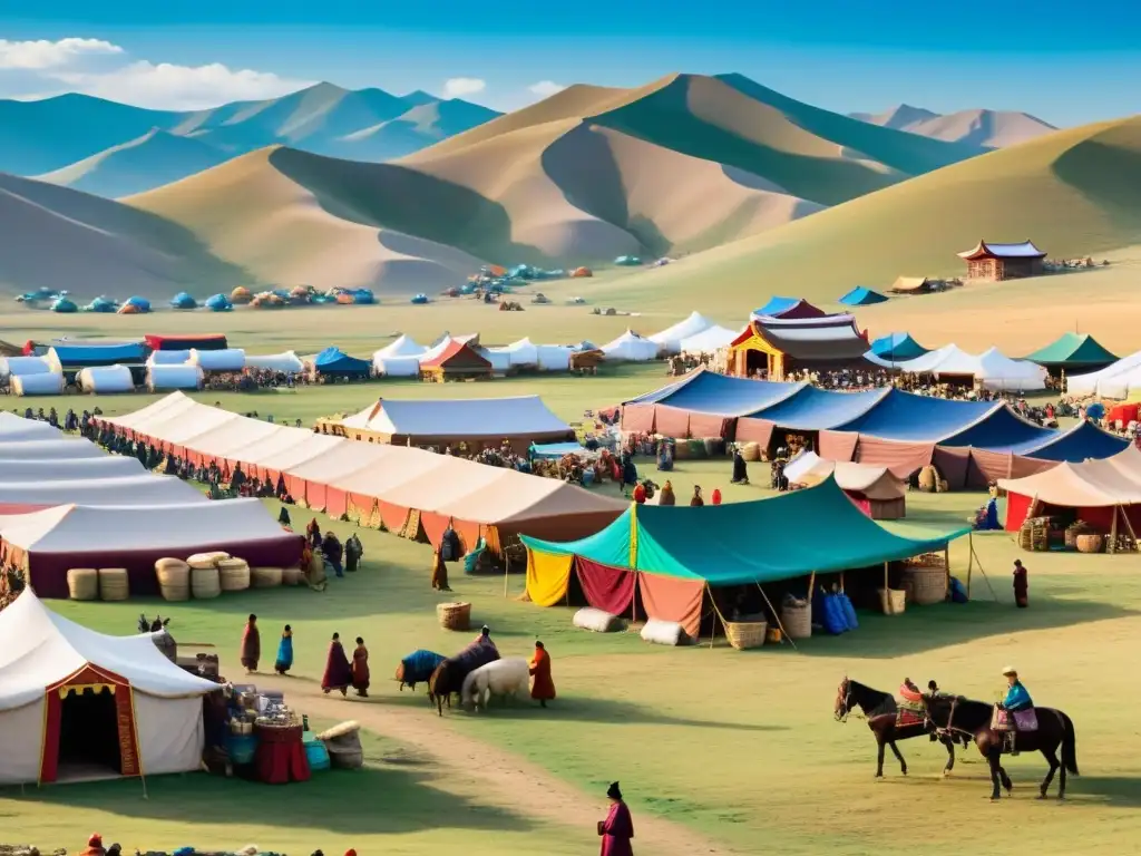 Vibrante mercado mongol, con colores, especias y productos exóticos, en un paisaje icónico de Mongolia