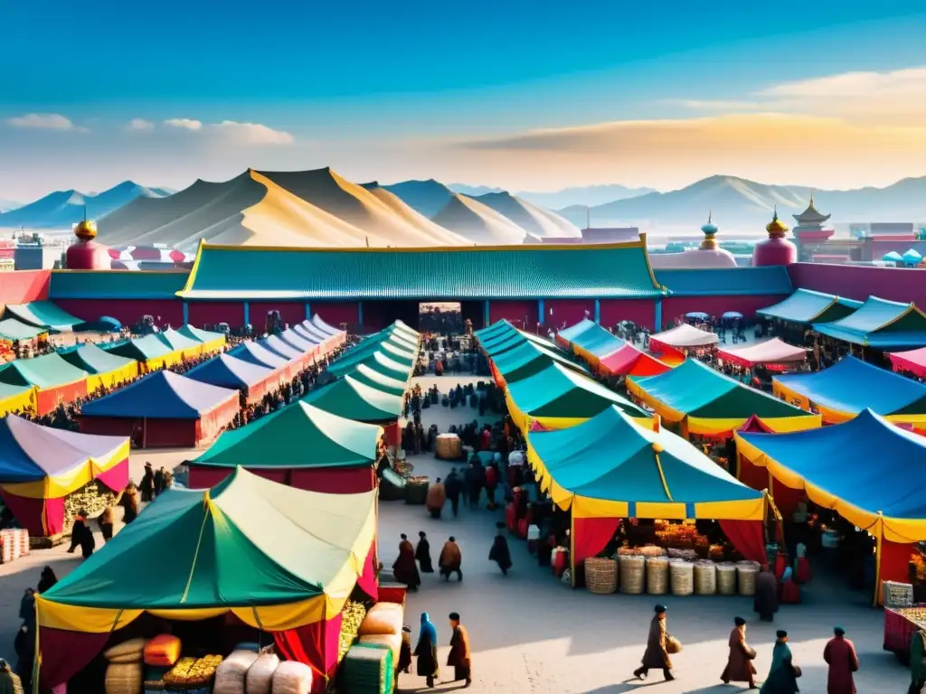 Vibrante mercado mongol con comerciantes, intercambio de monedas y bulliciosa actividad económica en el Imperio Mongol