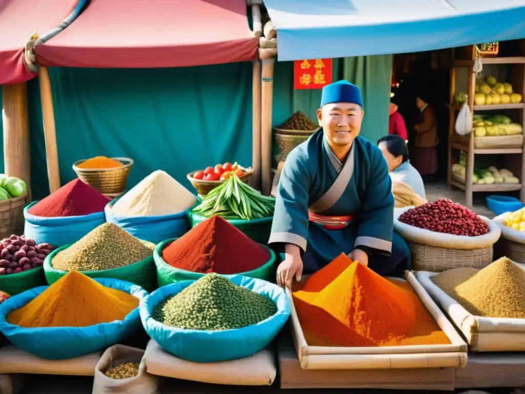 Un vibrante mercado mongol con especias, pescado fresco y frutas exóticas