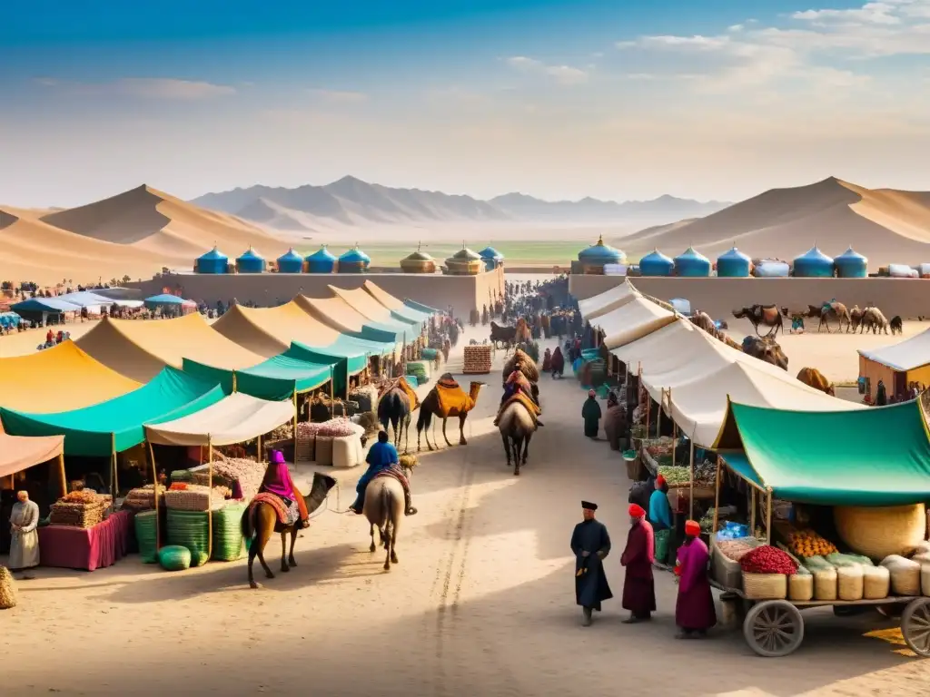 Vibrante mercado mongol a lo largo de las rutas comerciales del Imperio Mongol, con caravanas y colores exóticos bajo el sol poniente