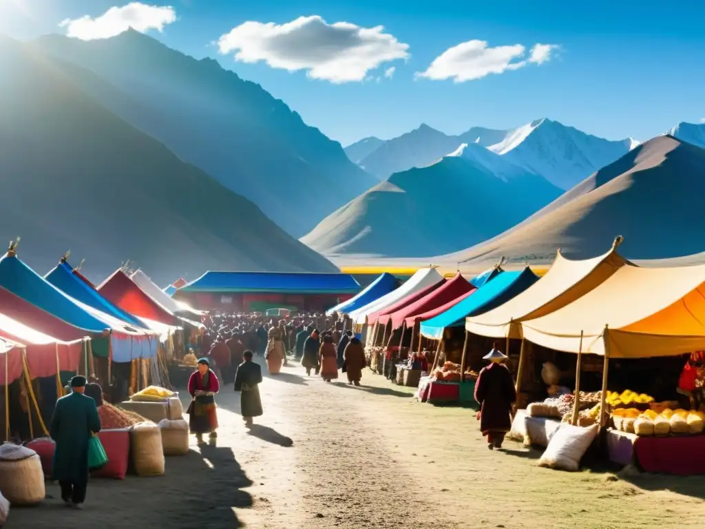 Un vibrante mercado mongol lleno de coloridas prendas tradicionales, artesanías y delicias locales