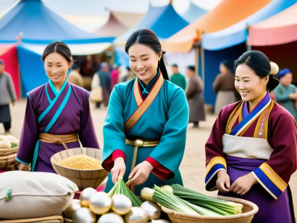 Un vibrante mercado mongol donde las mujeres negocian y comercian con confianza, mostrando su espíritu emprendedor