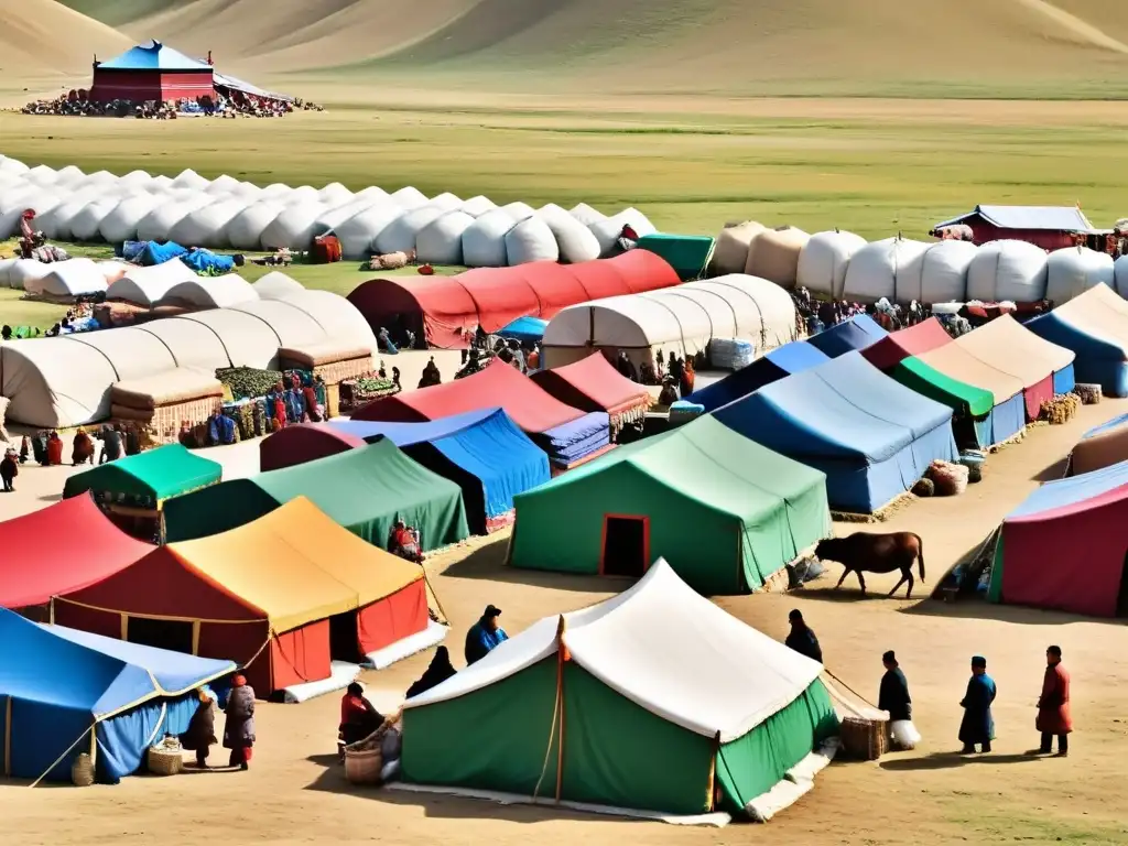 Vibrante mercado en Mongolia, con comerciantes intercambiando bienes de la región