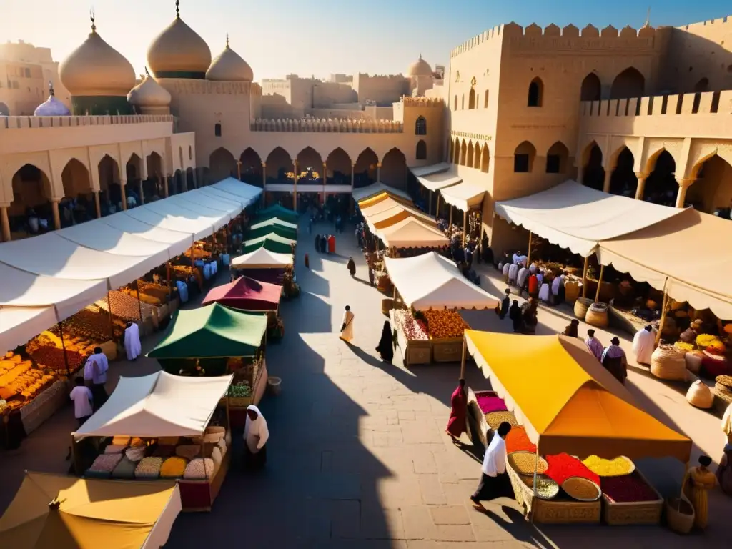 Un vibrante mercado del Medio Oriente bajo arquitectura antigua, con mercaderes y textiles, reflejando el impacto diplomático del Imperio Mongol