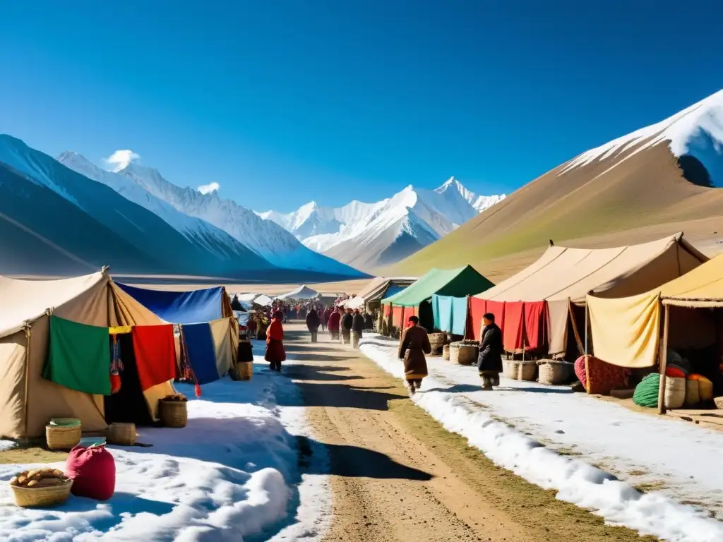 Vibrante mercado en remoto pueblo mongol con vendedores, locales y viajeros