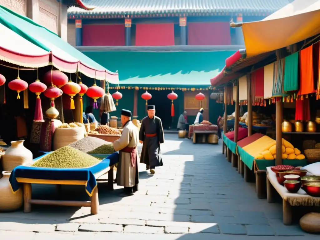 Vibrante mercado en la Ruta de la Seda, con comerciantes de diversas culturas intercambiando seda y especias bajo la atenta mirada del Imperio Mongol