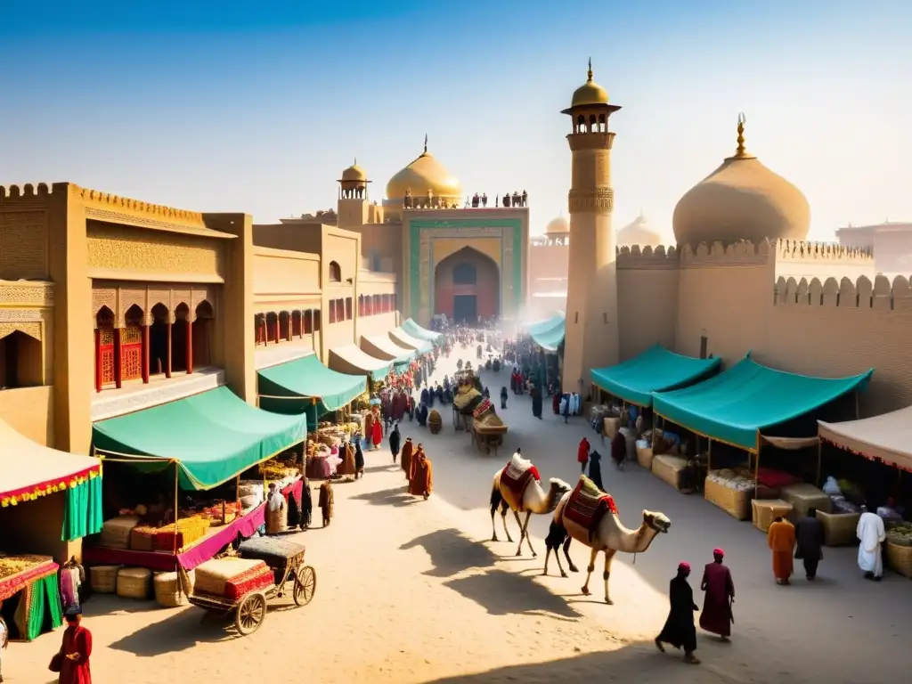 Vibrante mercado en la Ruta de la Seda del Imperio Mongol, con intercambio cultural y comercial entre mercaderes y caravanas bajo el sol brillante