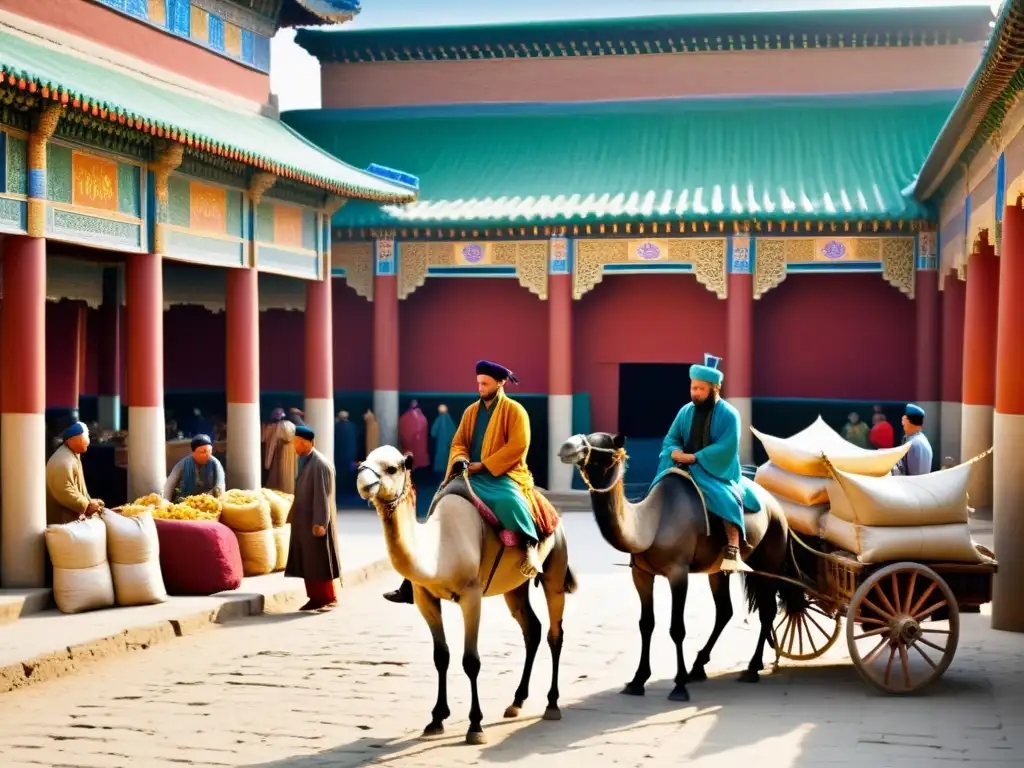 Vibrante mercado de la Ruta de la Seda bajo el Imperio Mongol, con comerciantes intercambiando especias y seda en caravanserai ornamentados