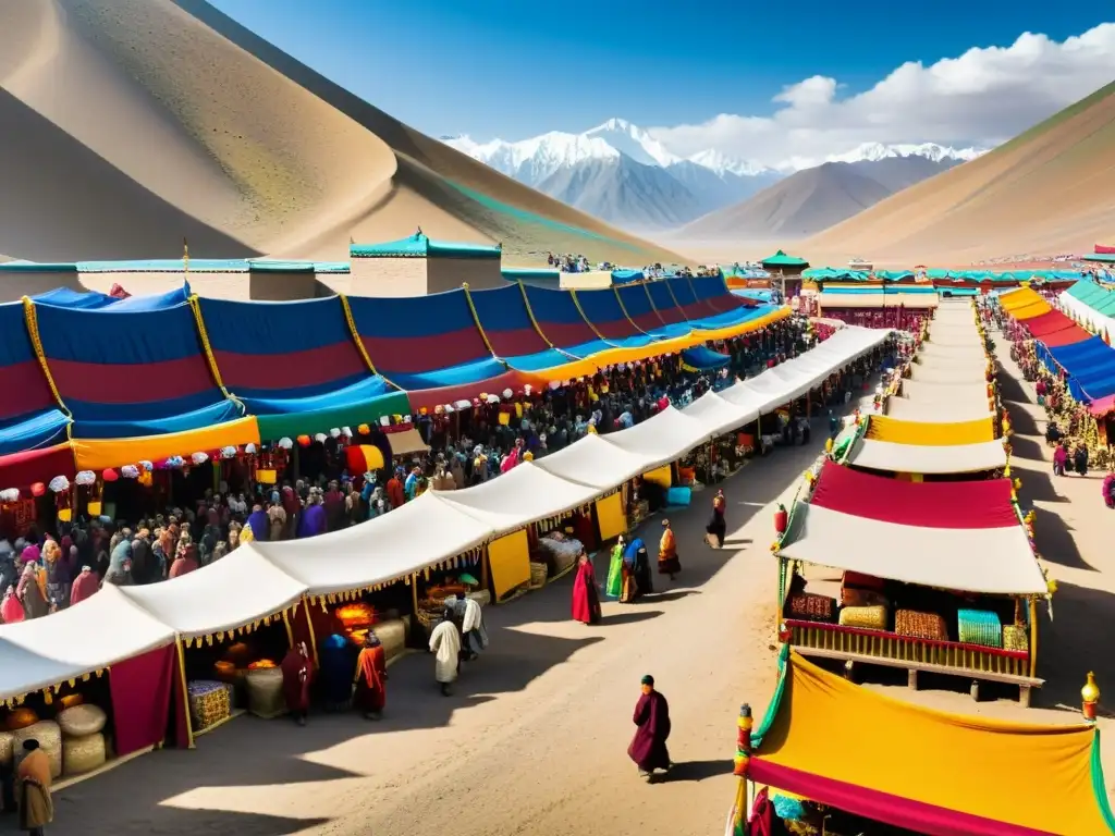 Vibrante mercado en la Ruta de la Seda con comerciantes de Mongolia y Tibet intercambiando bienes