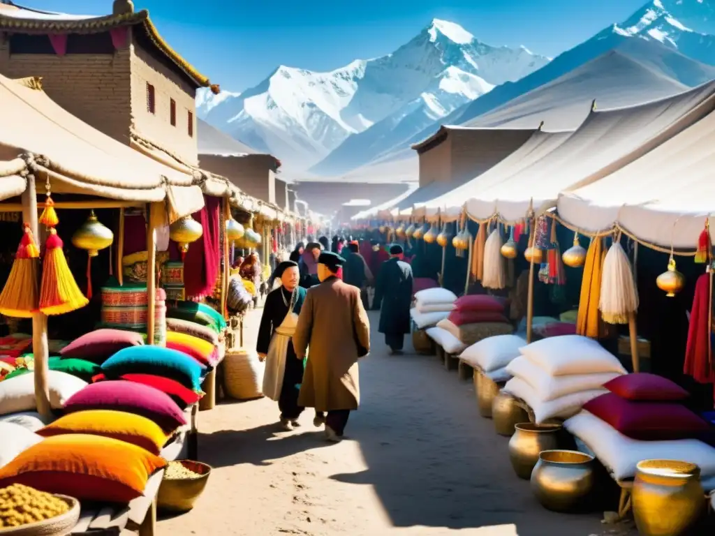 Vibrante mercado en la Ruta de la Seda, con comerciantes de Mongolia y Tibet intercambiando bienes bajo la mirada de majestuosas montañas nevadas