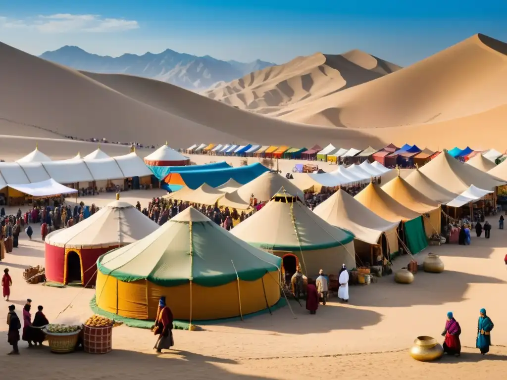 Vibrante mercado en la Ruta de la Seda con influencias culturales entre mongoles e islámicos