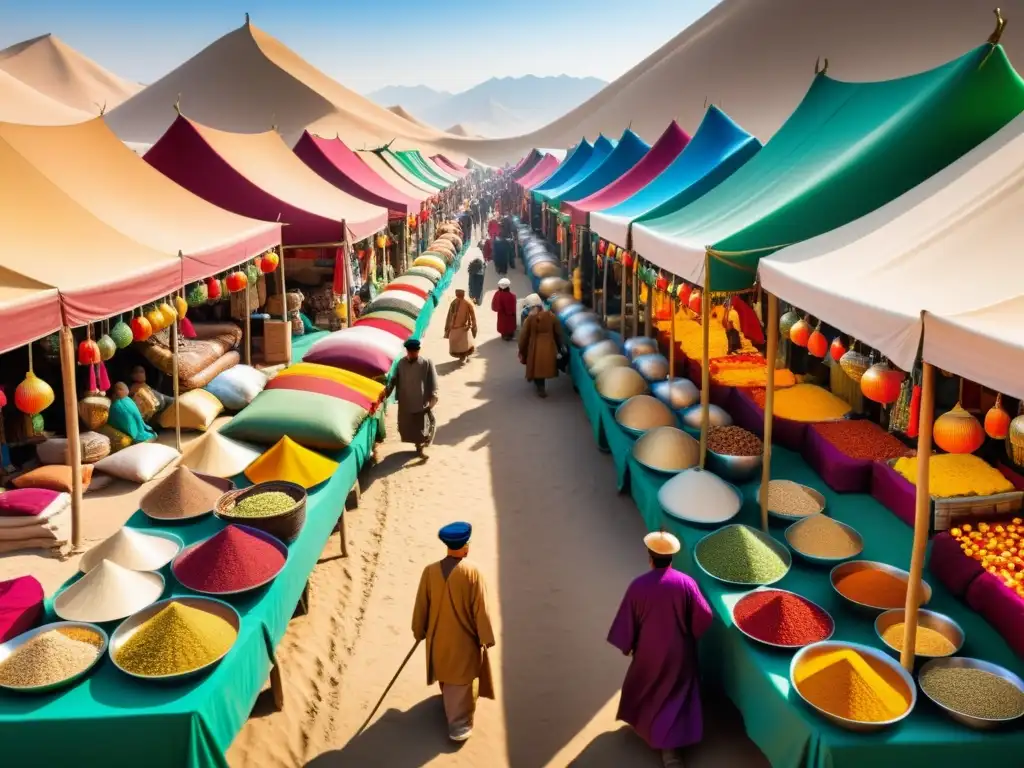 Vibrante mercado de la Ruta de la Seda con influencia mongola en comercio asiático, lleno de colores, telas de seda y especias