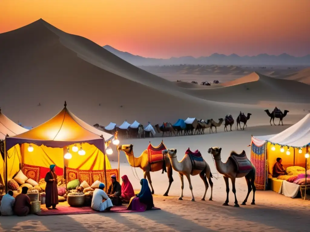 Vibrante mercado en la Ruta de la Seda del Imperio Mongol, con comerciantes y camellos bajo un atardecer en el desierto, evocando aventura y color