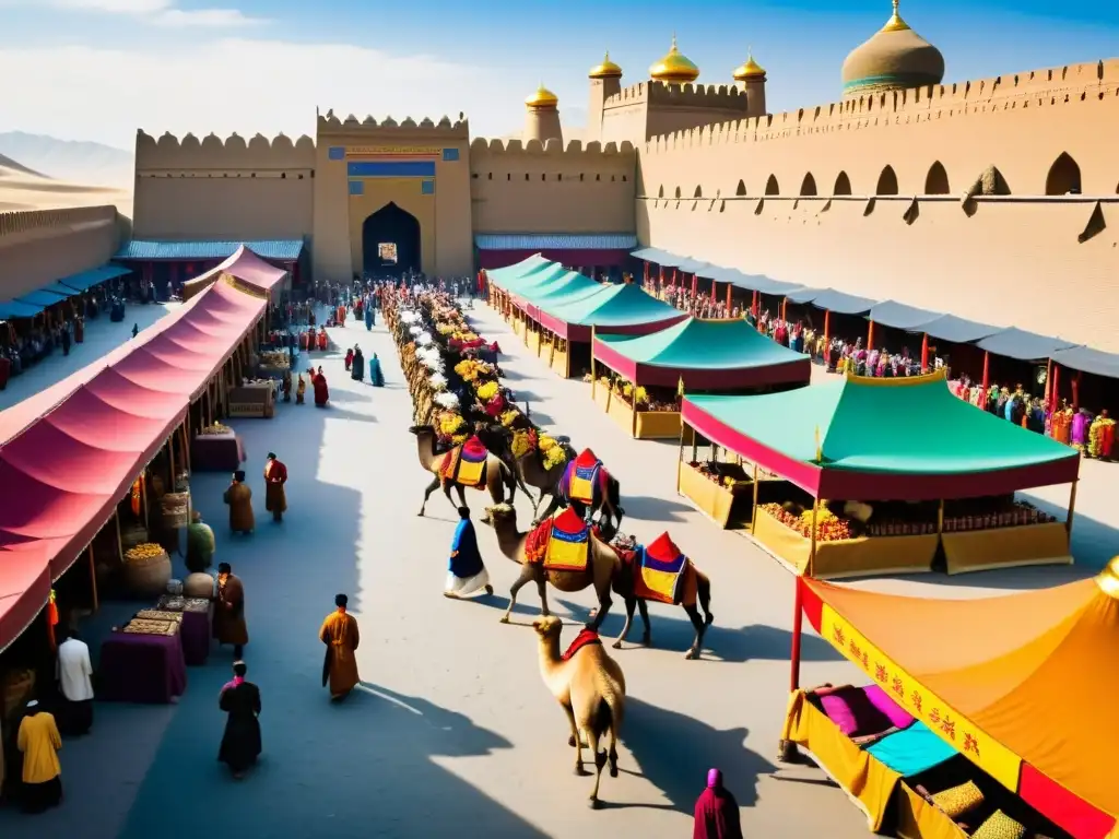 Vibrante mercado en la Ruta de la Seda durante el Imperio Mongol, reflejando el intercambio cultural y comercial entre diversas culturas