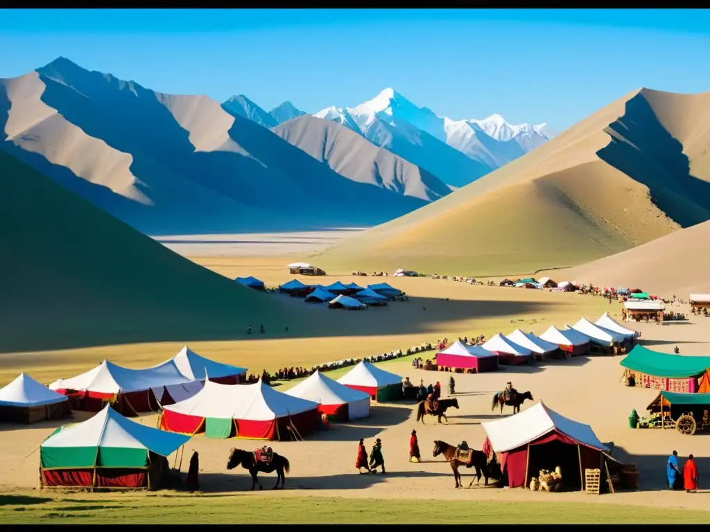 Un vibrante mercado en las rutas comerciales menores mongolas, con mercaderes en atuendos tradicionales coloridos vendiendo productos de la región