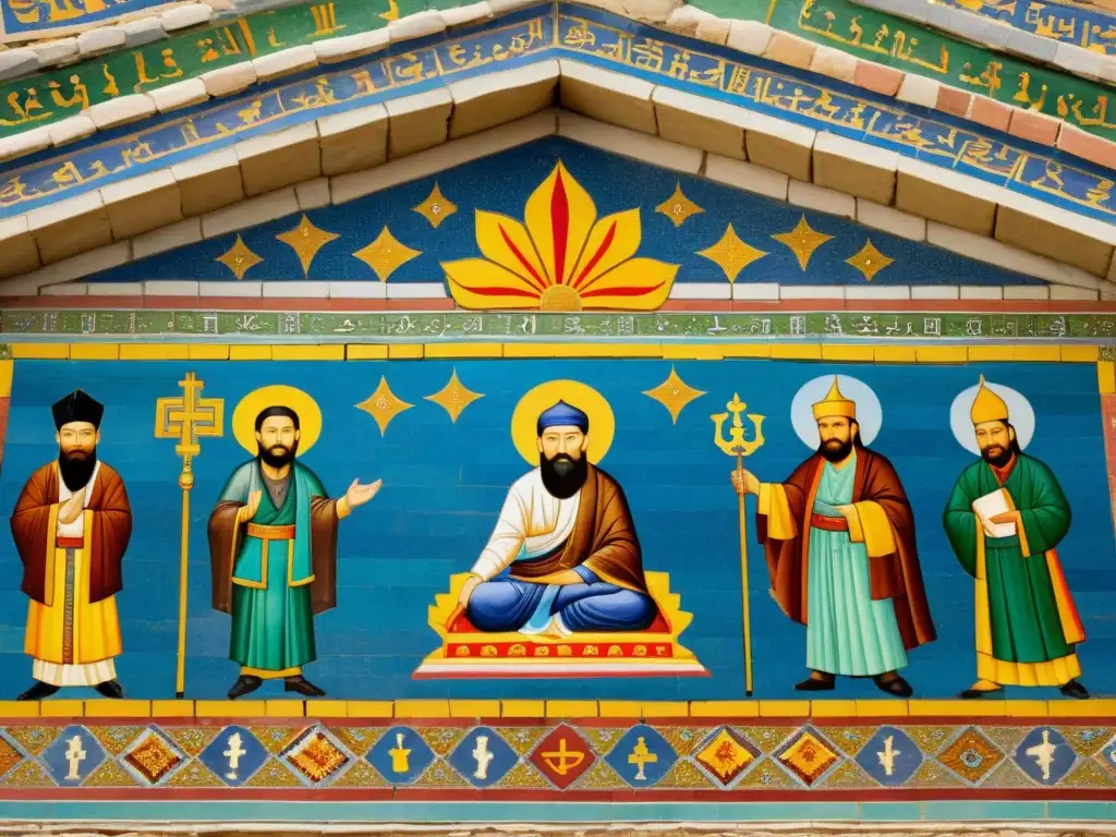 Vibrante mosaico de figuras religiosas de distintas creencias en un edificio histórico en Siria, mostrando el legado cultural de los mongoles en Siria