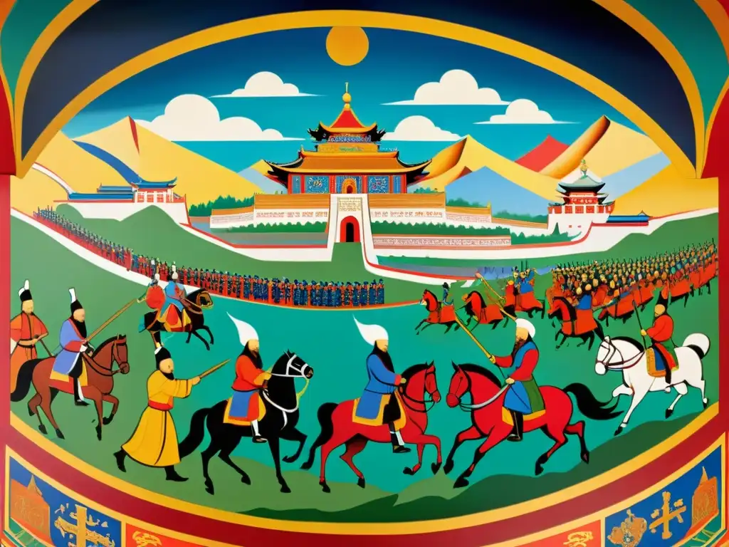 Vibrante mural de la compleja relación entre religión y expansión mongol, mostrando guerreros, líderes religiosos y símbolos culturales en un dinámico paisaje